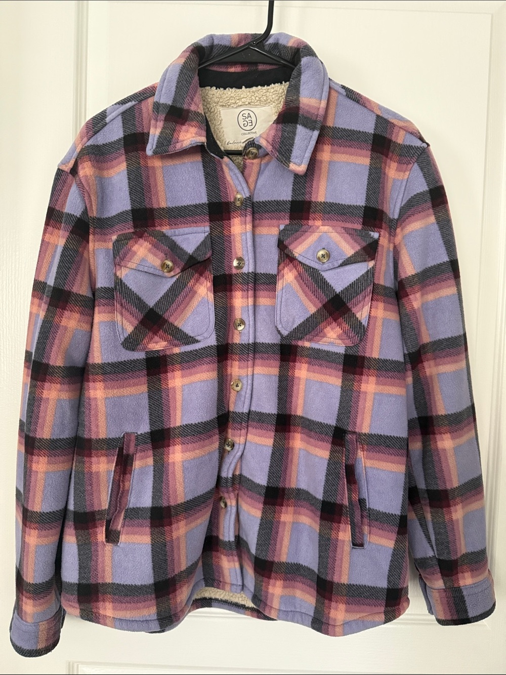 Sage Lavender & Pink Plaid Sherpa-Lined Shirt Jacket